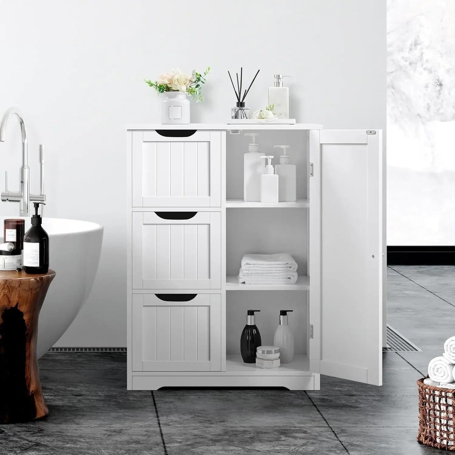 Bathroom Floor Storage Cabinet,Bathroom Freestanding Cabinet with 3 Large Drawers & Adjustable Shelf, 12 x 24 x 32 Inches, White - Image 2