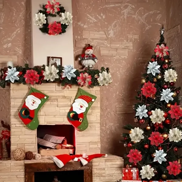 50/5PCS Artificial Glitter Christmas Flowers with Clips for Xmas Tree Ornament Fake Flower Floral New Year Party Home Decoration - Image 4