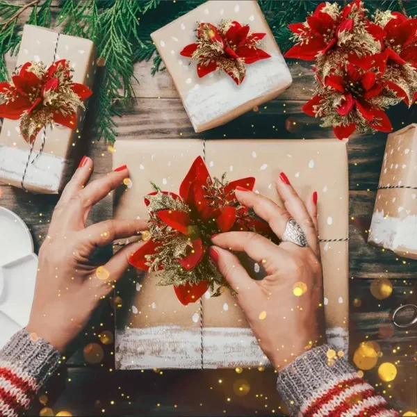 50/5PCS Artificial Glitter Christmas Flowers with Clips for Xmas Tree Ornament Fake Flower Floral New Year Party Home Decoration - Image 2
