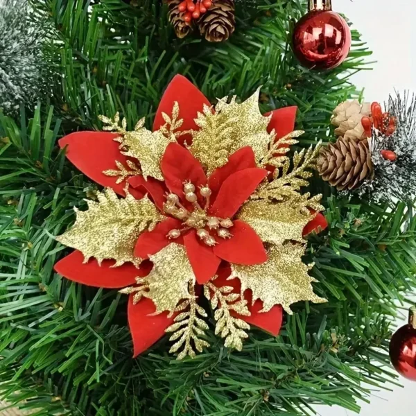 50/5PCS Artificial Glitter Christmas Flowers with Clips for Xmas Tree Ornament Fake Flower Floral New Year Party Home Decoration - Image 3