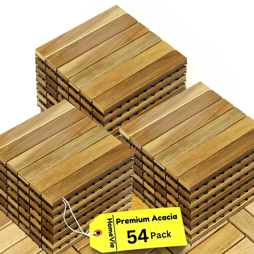 Premium Acacia Interlocking Deck Tiles (Not Fir, Not Plastic)- 54 Pcs Outdoor Tiles for Patio Flooring, Flooring, Garden Floor