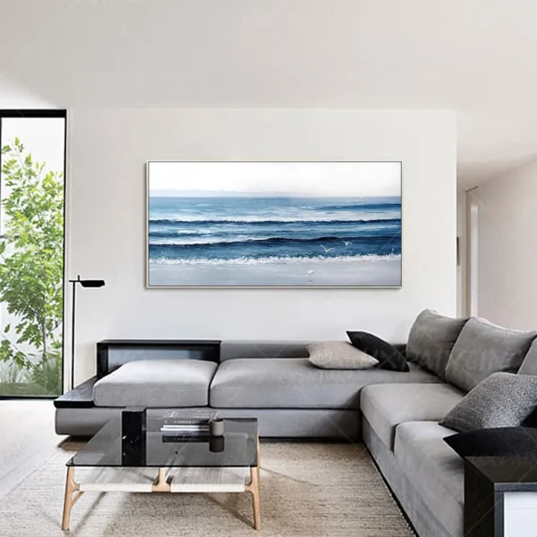 Large Ocean Beach Flowers Seascape Original Textured Painting On Canvas White Blue Sea Wave Wall Art Home Decor Art For Bedroom - Image 5