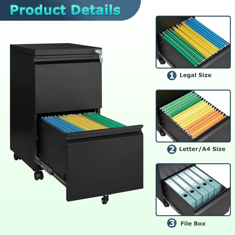 2 Drawer File Cabinet with Lock, Rolling File Cabinets for Home Office, Small Metal Filing Cabinet Office Drawers Under Desk - Image 4