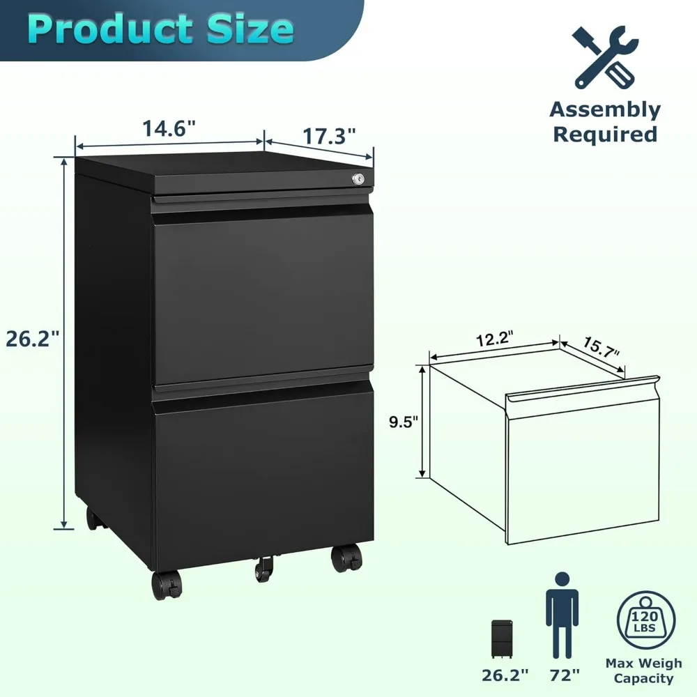 2 Drawer File Cabinet with Lock, Rolling File Cabinets for Home Office, Small Metal Filing Cabinet Office Drawers Under Desk - Image 3