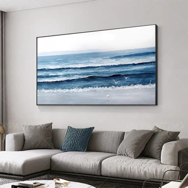 Large Ocean Beach Flowers Seascape Original Textured Painting On Canvas White Blue Sea Wave Wall Art Home Decor Art For Bedroom - Image 3