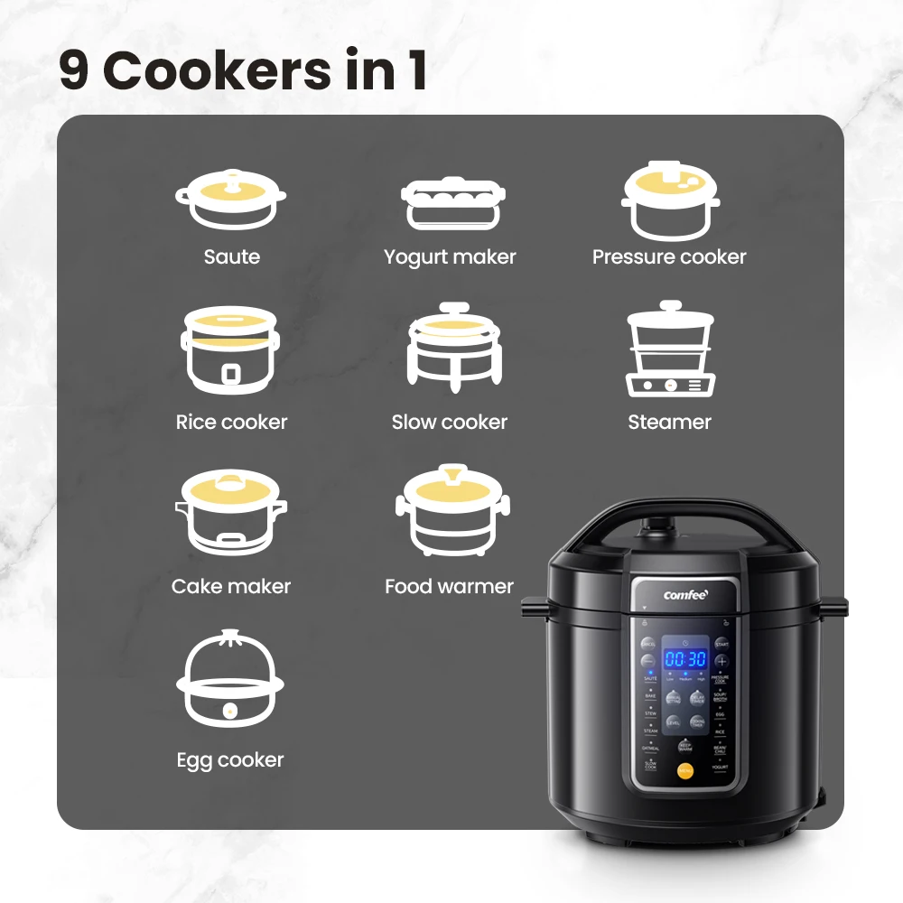 COMFEE’ 6 Quart 9-in-1 Electric Pressure Cooker 13 Presets Instant Multi Cooker Olla de Presion Slow Rice Cooker Non-Stick Pot - Image 2