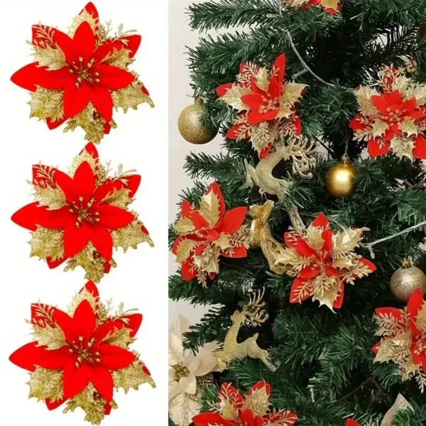 50/5PCS Artificial Glitter Christmas Flowers with Clips for Xmas Tree Ornament Fake Flower Floral New Year Party Home Decoration - Image 5