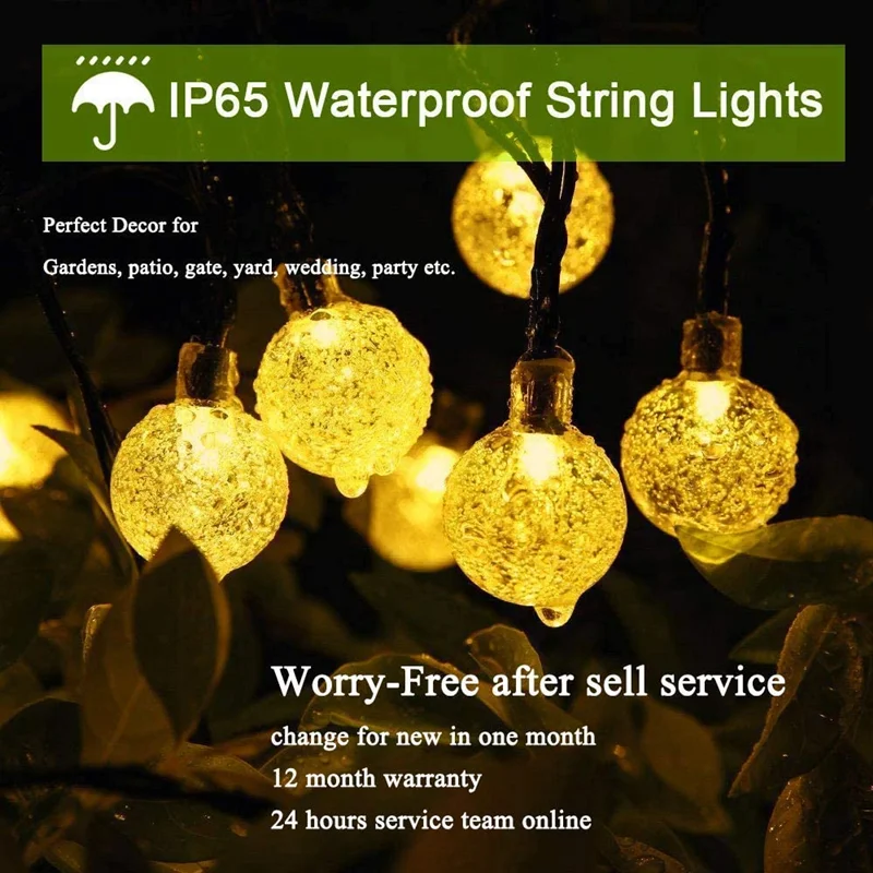 LED Solar String Lights Outdoor 60 Leds Waterproof Crystal Globe Lights with 8 Modes Garden Light for Patio Party Tree Decor - Image 2